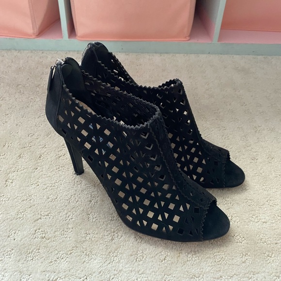 Prada Black Laser Cut Peep Toe Suede Bootie - Picture 2 of 8